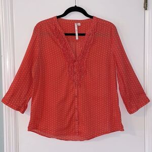 Lauren Conrad orange & white dot V-neck button front convertible sleeve Large